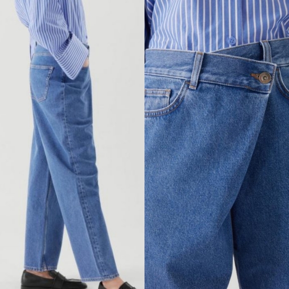 COS Crossover Folded Waist Blue Denim Straight Leg Jeans Size 32 NWT - Picture 2 of 12